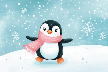 A penguin is standing in the snow with a pink scarf around its neck