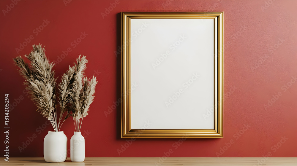 Poster vertical gold frame mockup with pampas grass in white vases on wooden table against red wall with em