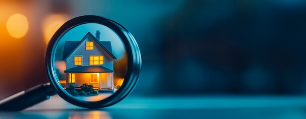  Photo of a magnifying glass focusing on the silhouette of an illuminated house against a blurred background. Web banner with copy space on the right side, real estate concept