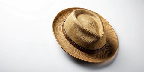 Stylish Cool Hat Flat Lay, Top View,  White Background, Copy Space