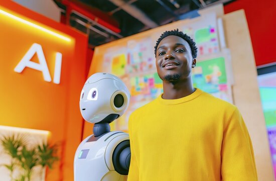 Young man with robot in modern ai innovation center