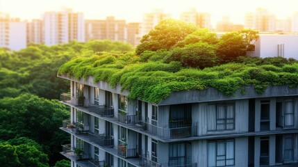 Urban Building with Lush Green Roof Amidst Scenic City Skyline in Warm Soft Light