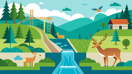 Naklejka premium Local wildlife can often be spotted around the hydropower canal with deer coming to drink at its shores and birds nesting in the branches of trees. Vector illustration