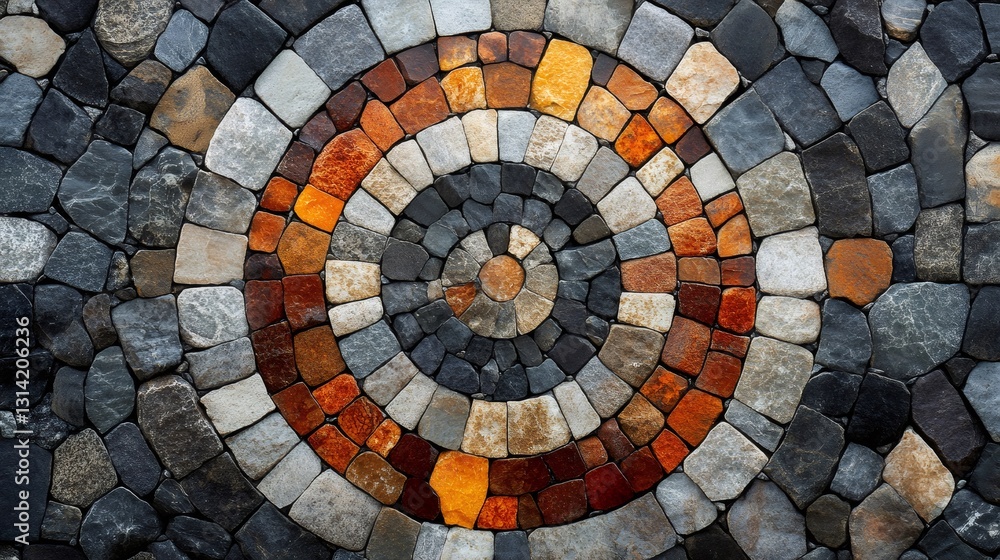 Poster colorful pebble mosaic creating a circular pattern on a wall