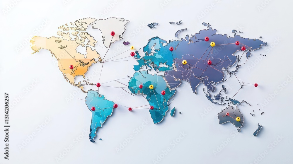 Poster abstract world map with pin connections and colorful geographic data