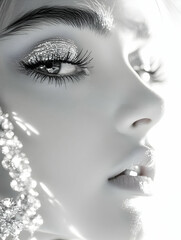 Fototapeta premium Glittering eye makeup and jewelry highlight a woman's face in bright, monochrome light