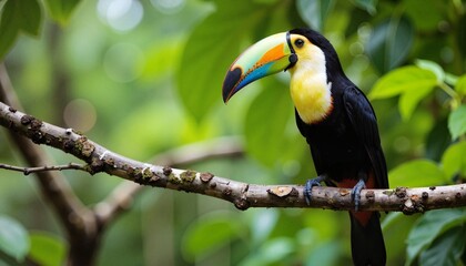 Obraz premium Toucan perched on branch in lush green rainforest