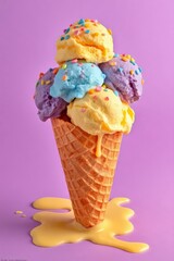 Whimsical ice cream scene with a waffle cone holding five colorful scoops in blue, purple, pink, orange, and yellow, topped with multicolored sprinkles. Set against a bright purple background, the mel