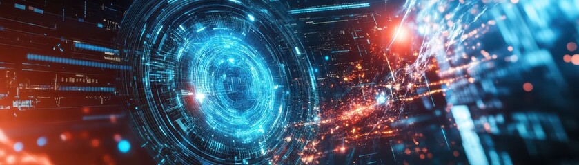 Fototapeta premium A close-up view of a futuristic sci-fi design featuring intricate patterns and textures, illuminated by vibrant blue and orange lights, creating a striking contrast and dynamic atmosphere.