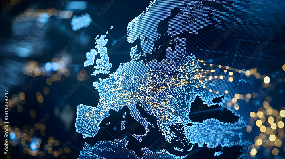 Poster illuminated digital map of europe with glowing blue data points and network connections on a dark ba