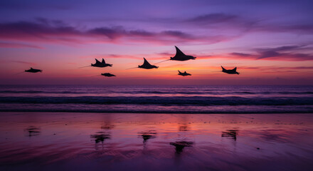 Obraz premium Flying manta rays glide through a colorful sunset sky above the ocean, creating a surreal and mesmerizing dreamlike atmosphere.
