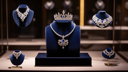 Elegant display of luxurious jewelry including crown, necklace, and earrings featuring blue gemstones and intricate designs