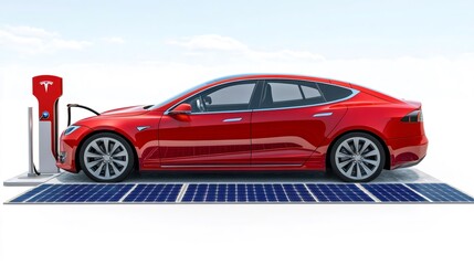 Fototapeta premium Red electric car charging at station powered by solar panels