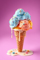 Whimsical ice cream scene with a waffle cone holding five colorful scoops in blue, purple, pink, orange, and yellow, topped with multicolored sprinkles. Set against a bright purple background, the mel
