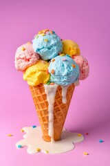 Whimsical ice cream scene with a waffle cone holding five colorful scoops in blue, purple, pink, orange, and yellow, topped with multicolored sprinkles. Set against a bright purple background, the mel
