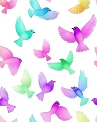 A flock of colorful birds soaring gracefully over a lush and vibrant spring landscape filled with greenery