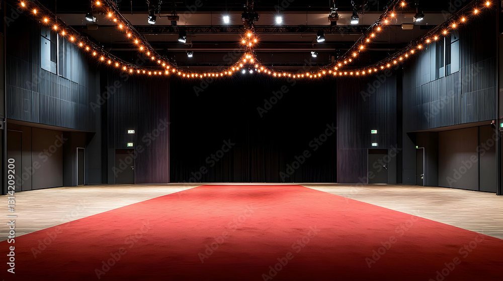 Poster grand empty event space with red carpet and warm string lights illumination