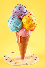 Whimsical ice cream cone with six vibrant scoops in blue, pink, green, yellow, purple, and orange, topped with colorful sprinkles, set against a bright yellow background. The classic waffle cone has a