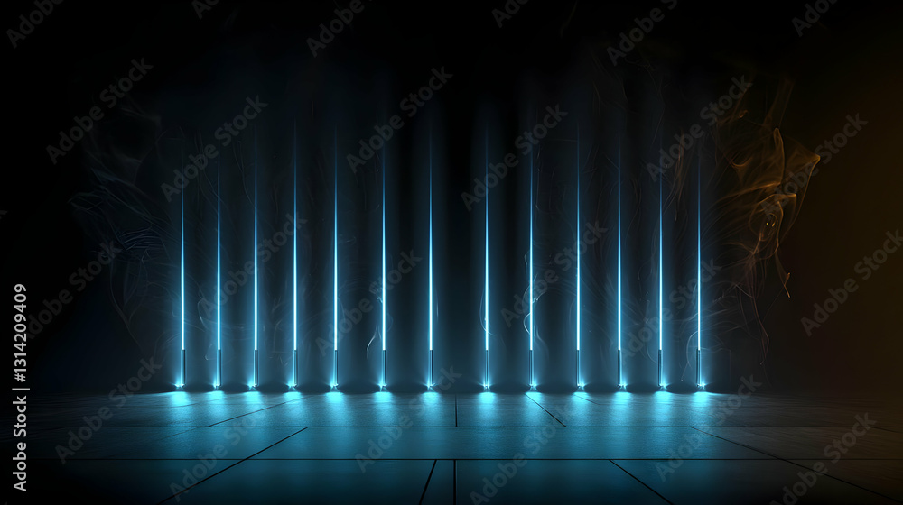 Poster blue beams of light on dark background with textured floor and subtle smoke in empty space ideal for
