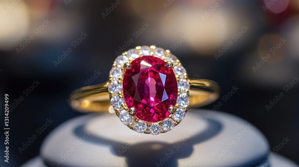 Poster elegant gold ring with stunning oval ruby surrounded by sparkling diamonds on display