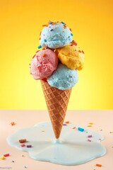 Whimsical ice cream cone with six vibrant scoops in blue, pink, green, yellow, purple, and orange, topped with colorful sprinkles, set against a bright yellow background. The classic waffle cone has a
