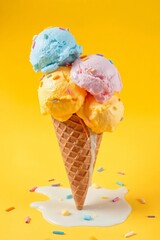 Whimsical ice cream cone with six vibrant scoops in blue, pink, green, yellow, purple, and orange, topped with colorful sprinkles, set against a bright yellow background. The classic waffle cone has a
