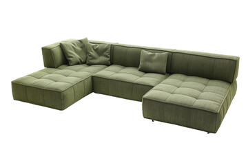 Comfortable L-shaped sofa with plush cushions isolated on transparent background