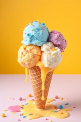 Whimsical ice cream cone with six vibrant scoops in blue, pink, green, yellow, purple, and orange, topped with colorful sprinkles, set against a bright yellow background. The classic waffle cone has a