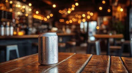 Empty can on pub table at night