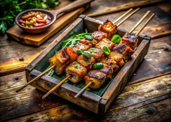 Sizzling Vietnamese pork skewers sizzle on a wooden tray, a vibrant street food scene.
