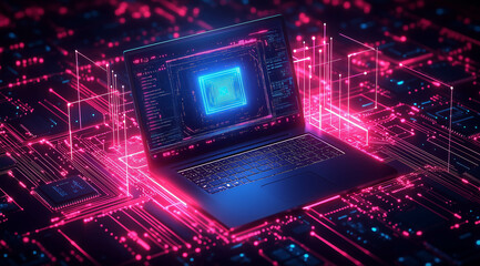 Obraz premium 3D isometric view of an open laptop with the screen showing a digital hologram and icons on it