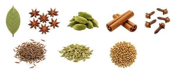 set of spices which include cinnamon, bayleave, fennel seed, corriander seed, zeera, star anise, elaichi ,cloves, blackpepper seeds.