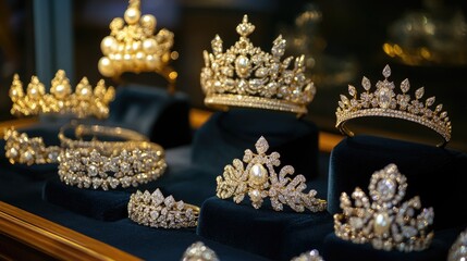 Exquisite Display of Ornate Gold and Diamond Crowns and Tiara in Elegant Showcase