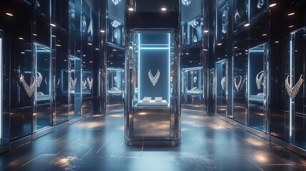 Modern Jewelry Boutique with Sleek Displays and Reflective Surfaces in Urban Environment