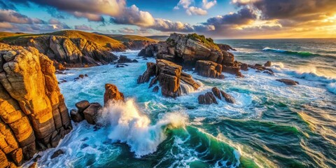 Fototapeta premium Soaring drone captures dramatic coastal cliffs, sea stacks, and rocky shores.