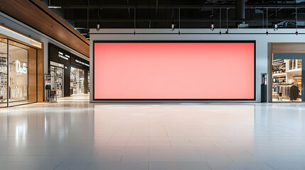 Large Horizontal Red Advertisement Display In Modern Shopping Mall With Concrete Floor and Illuminated Interior Design