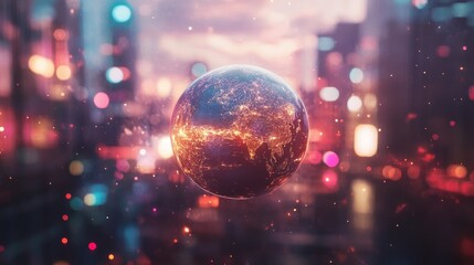 Earth in a futuristic city, glowing with urban lights