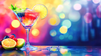 Vibrant cocktail in martini glass with citrus slices and colorful bokeh background