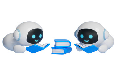3D graphics of AI robot character reading a book while lying down