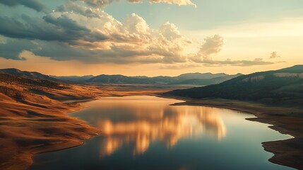 Obraz premium Serene sunset over calm lake reflecting golden clouds and hills.