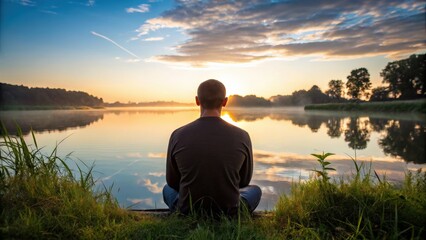 Serene sunset view with a person meditating by a tranquil lake.