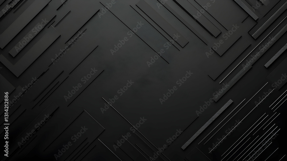 Poster dark abstract background with diagonal 3d black geometric lines pattern and metallic grey highlights