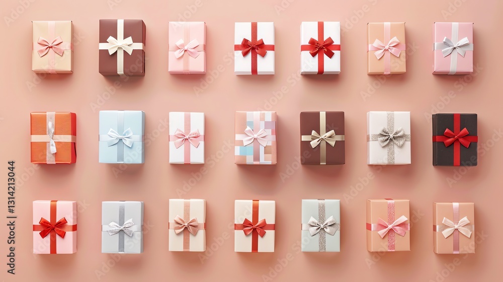 Poster flat lay of many gift boxes with different colored ribbons and wrapping paper on a pink background.