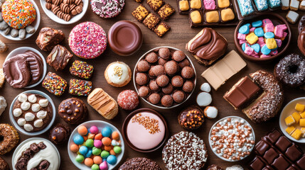 Assorted colorful sweets and chocolates on rustic wooden table