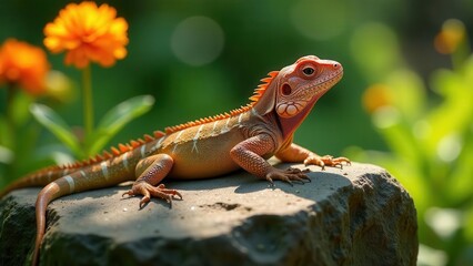 Fototapeta premium A vibrant reptile basking in sunlight on a rock, surrounded by the beauty of nature's vibrant flora.