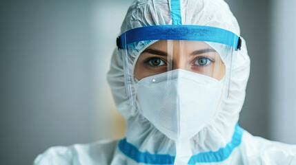 Female healthcare worker in ppe with protective mask and face shield