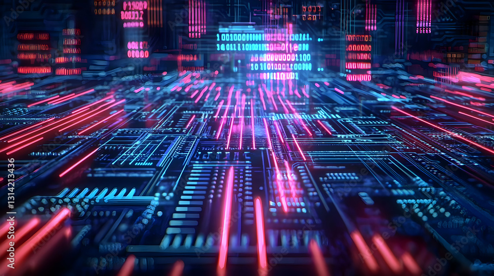 Poster futuristic circuit board with pink and blue lights data streams flowing through digital network tech