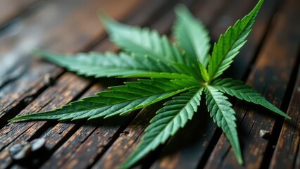 Naklejka premium A Vibrant Cannabis Leaf Resting on a Dark Wooden Surface, Showcasing its Detailed Texture and Rich Green Hues
