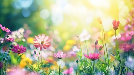 Fototapeta premium A vibrant spring garden with colorful flowers in full bloom and a fresh, sunny atmosphere.