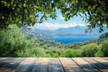 Olive branches hanging over wooden table with scenic mediterranean sea view
